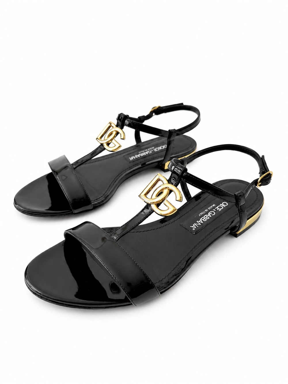 DOLCE & GABBANA | Black Patent DG Gold Logo Flat Sandals Ankle Strap EU 38.5 - Picture 2 of 13